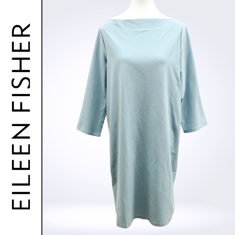NEW EILEEN FISHER Boat Neck 3/4 Sleeve Knee Length Shirt Dress Light Blue Size L